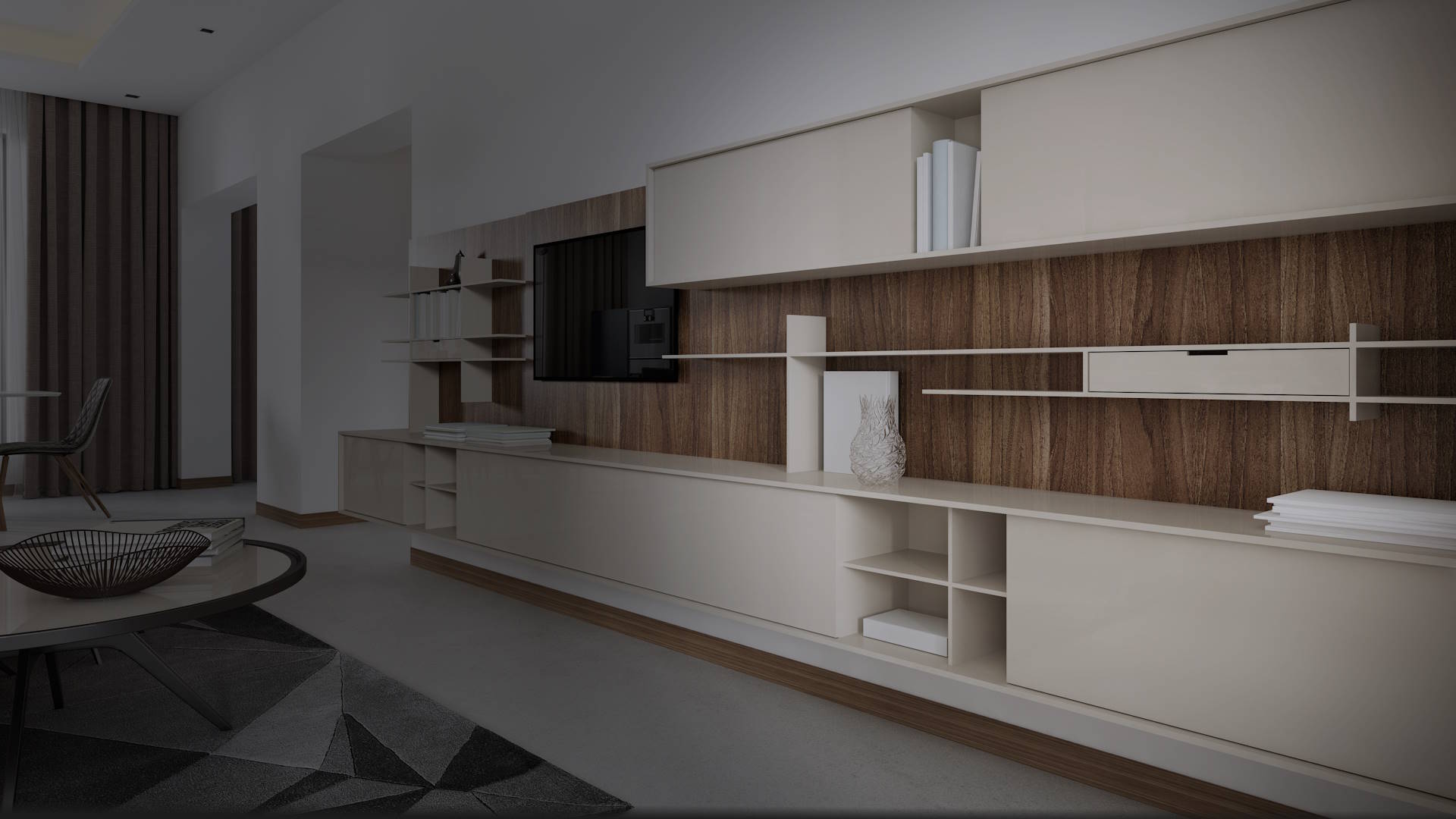 Modern storage media in the contemporary room, for DVDs, game consoles and electronics, storage for multimedia.